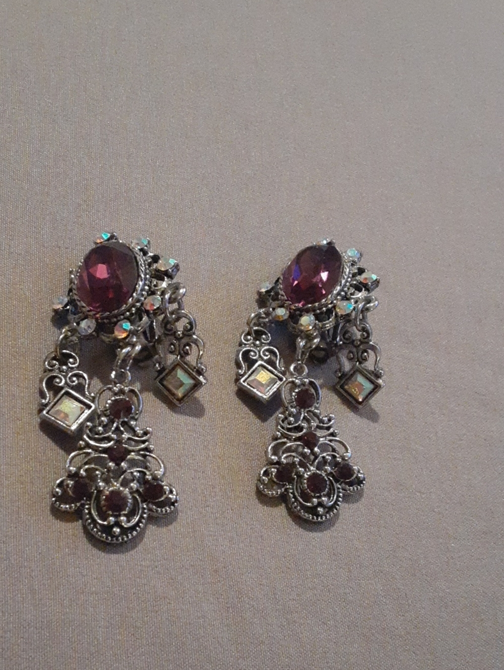 Vintage-Inspired Purple Crystal Drop Chandelier Earrings - Unbranded Clip On